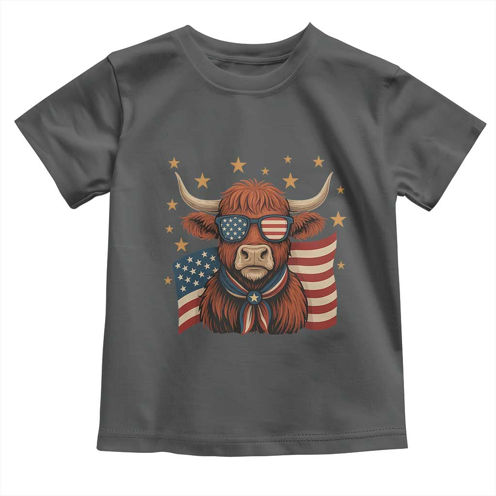 Funny Highland Cow Toddler T Shirt USA Flag Patriotic Cow Farmer TS12 Dark Heather Print Your Wear