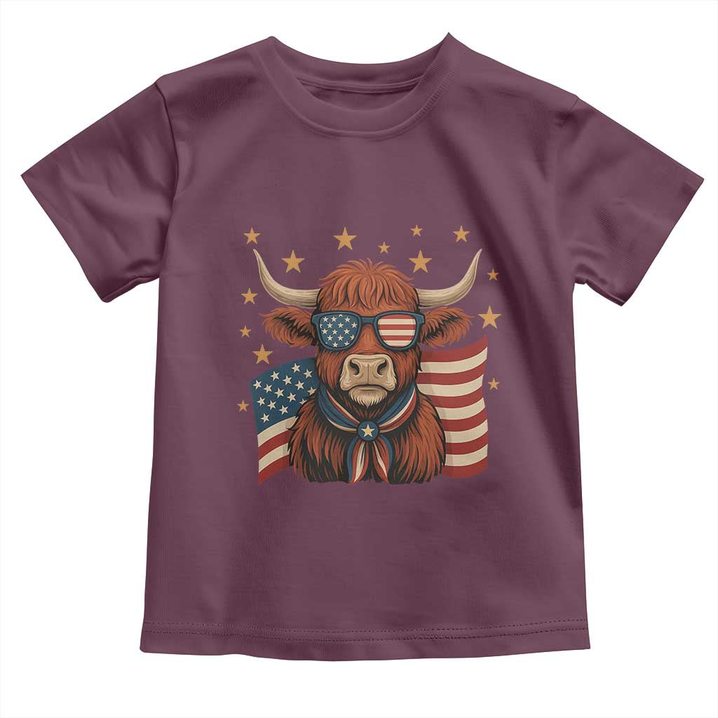 Funny Highland Cow Toddler T Shirt USA Flag Patriotic Cow Farmer TS12 Maroon Print Your Wear