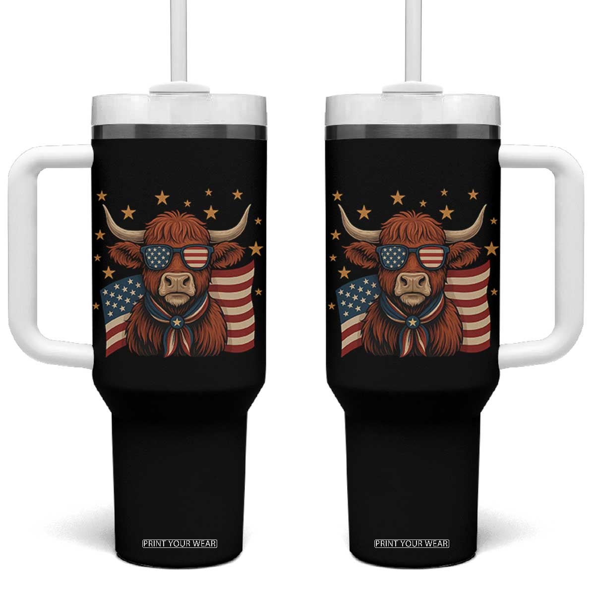 Funny Highland Cow Tumbler With Handle USA Flag Patriotic Cow Farmer TS12 One Size: 40 oz Black Print Your Wear