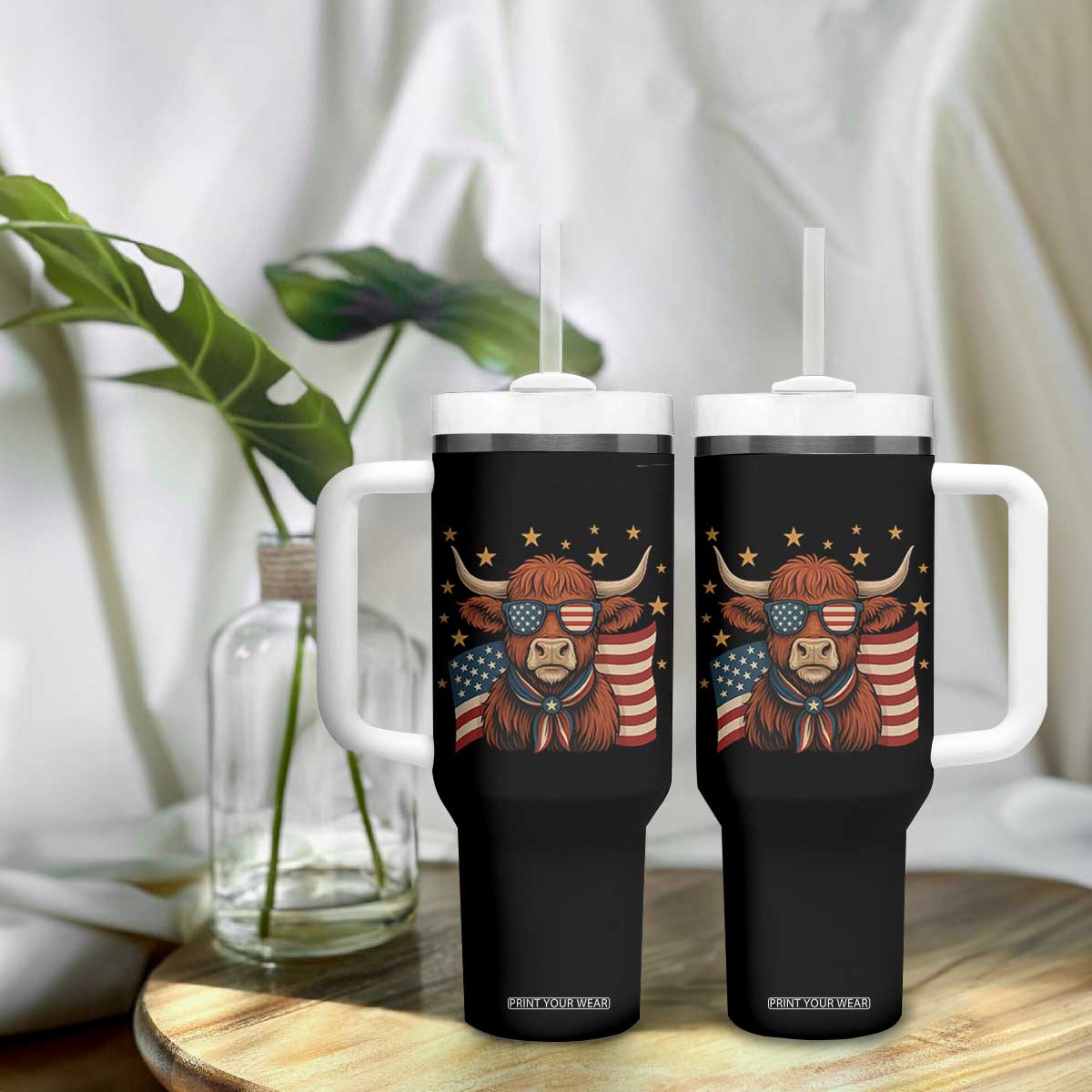 Funny Highland Cow Tumbler With Handle USA Flag Patriotic Cow Farmer TS12 Print Your Wear