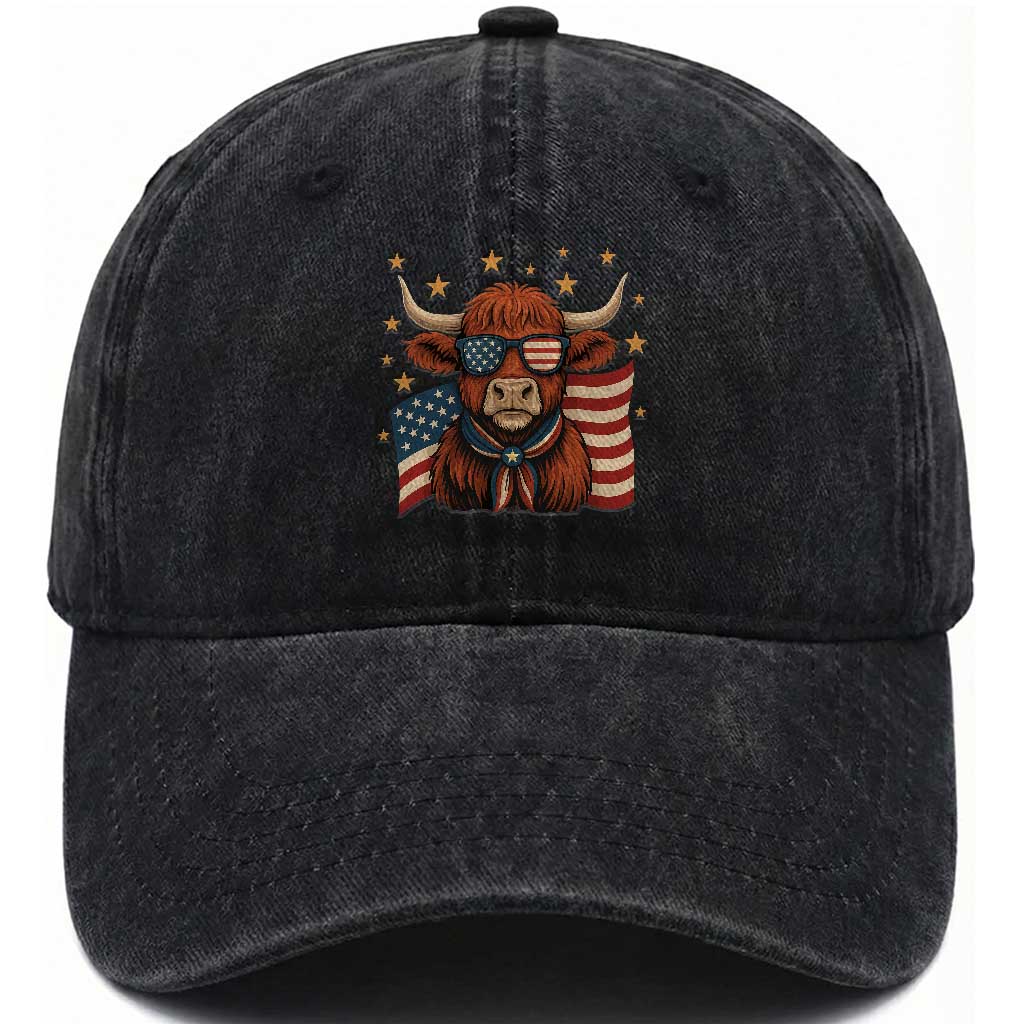 Funny Highland Cow Washed Cotton Baseball Cap USA Flag Patriotic Cow Farmer TS12 Washed Cap Universal Fit Black Print Your Wear