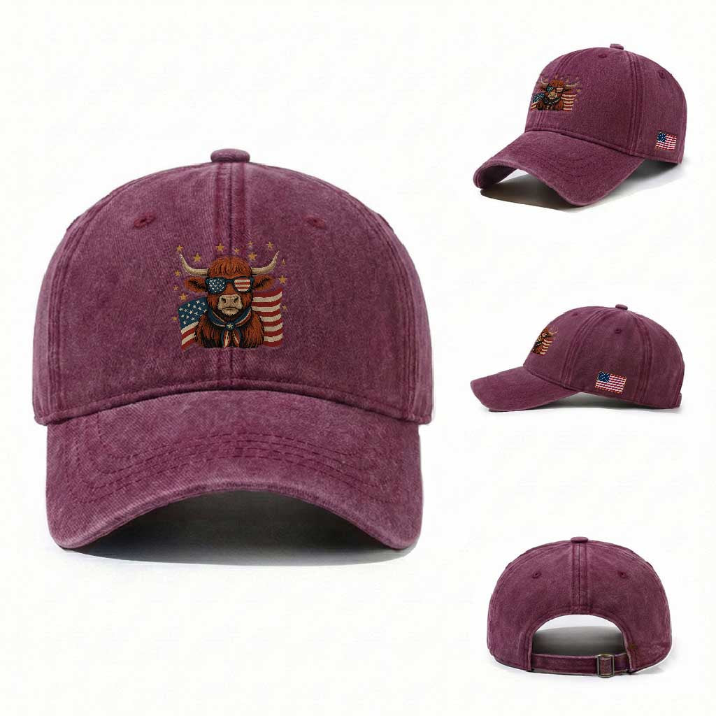 Funny Highland Cow Washed Cotton Baseball Cap USA Flag Patriotic Cow Farmer TS12 Washed Cap Universal Fit Burgundy Print Your Wear
