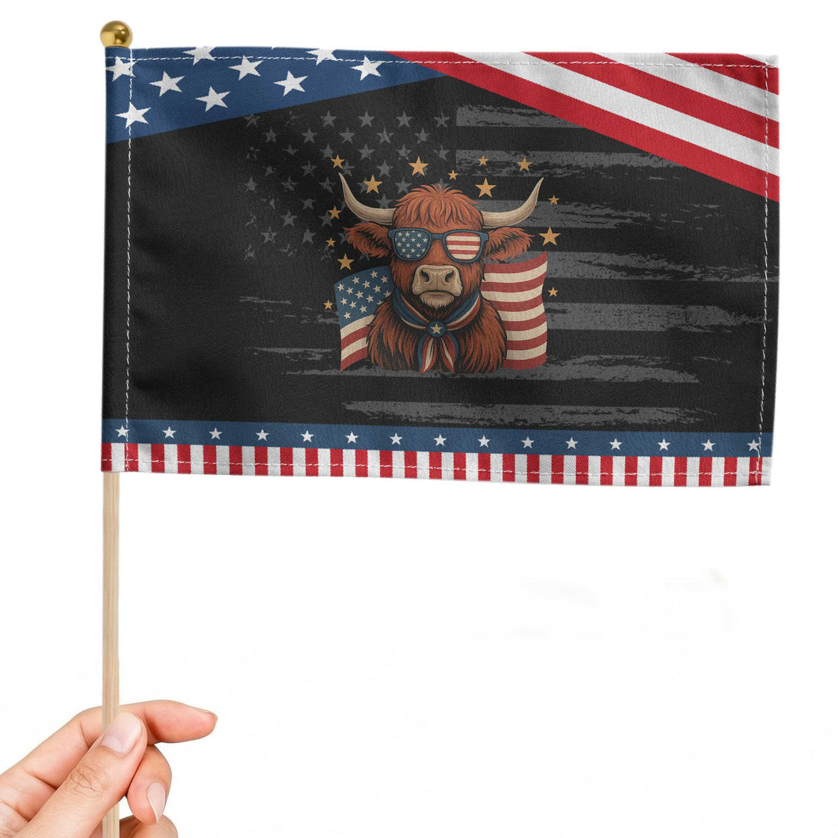 Funny Highland Cow Patriotic Handheld Flag USA Flag Patriotic Cow Farmer TS12 Distressed 8.2