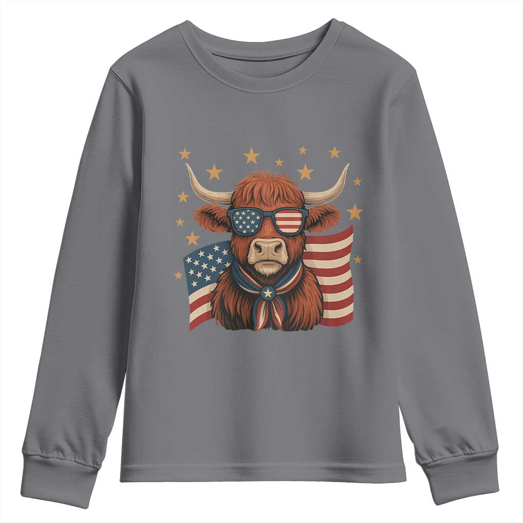 Funny Highland Cow Youth Sweatshirt USA Flag Patriotic Cow Farmer TS12 Charcoal Print Your Wear
