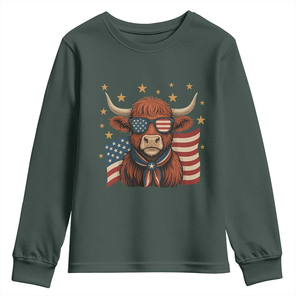Funny Highland Cow Youth Sweatshirt USA Flag Patriotic Cow Farmer TS12 Dark Forest Green Print Your Wear