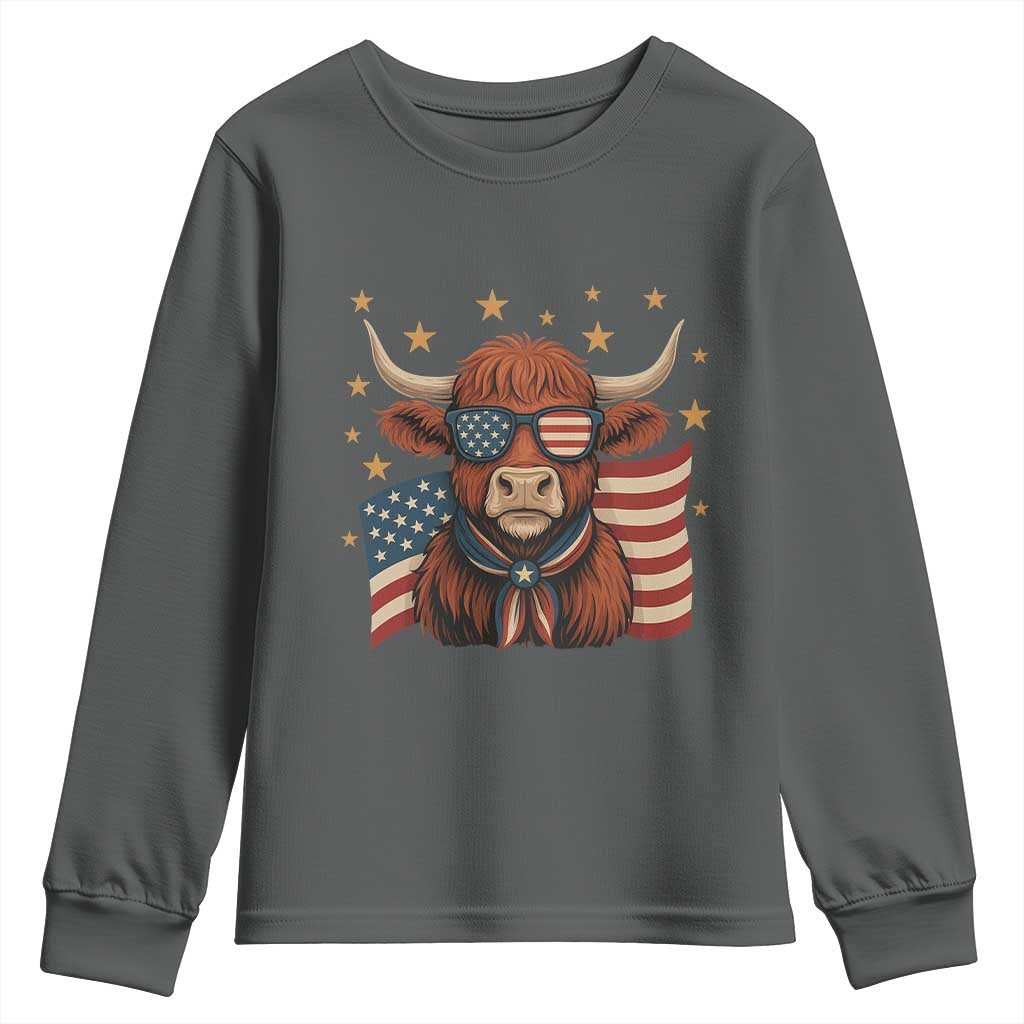 Funny Highland Cow Youth Sweatshirt USA Flag Patriotic Cow Farmer TS12 Dark Heather Print Your Wear