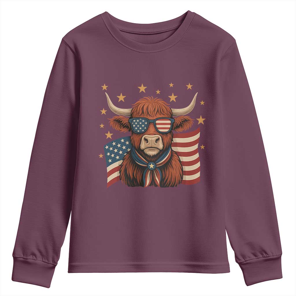 Funny Highland Cow Youth Sweatshirt USA Flag Patriotic Cow Farmer TS12 Maroon Print Your Wear