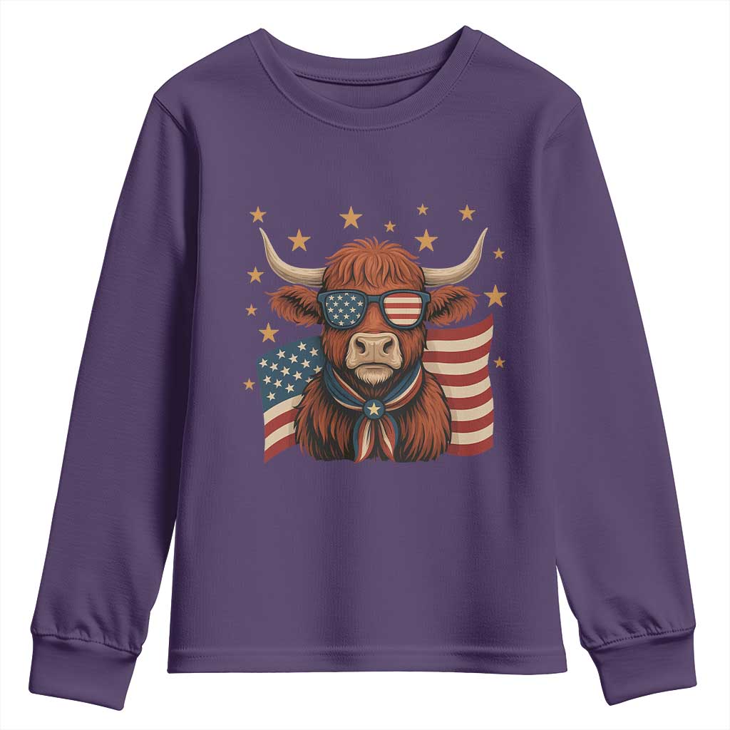 Funny Highland Cow Youth Sweatshirt USA Flag Patriotic Cow Farmer TS12 Purple Print Your Wear
