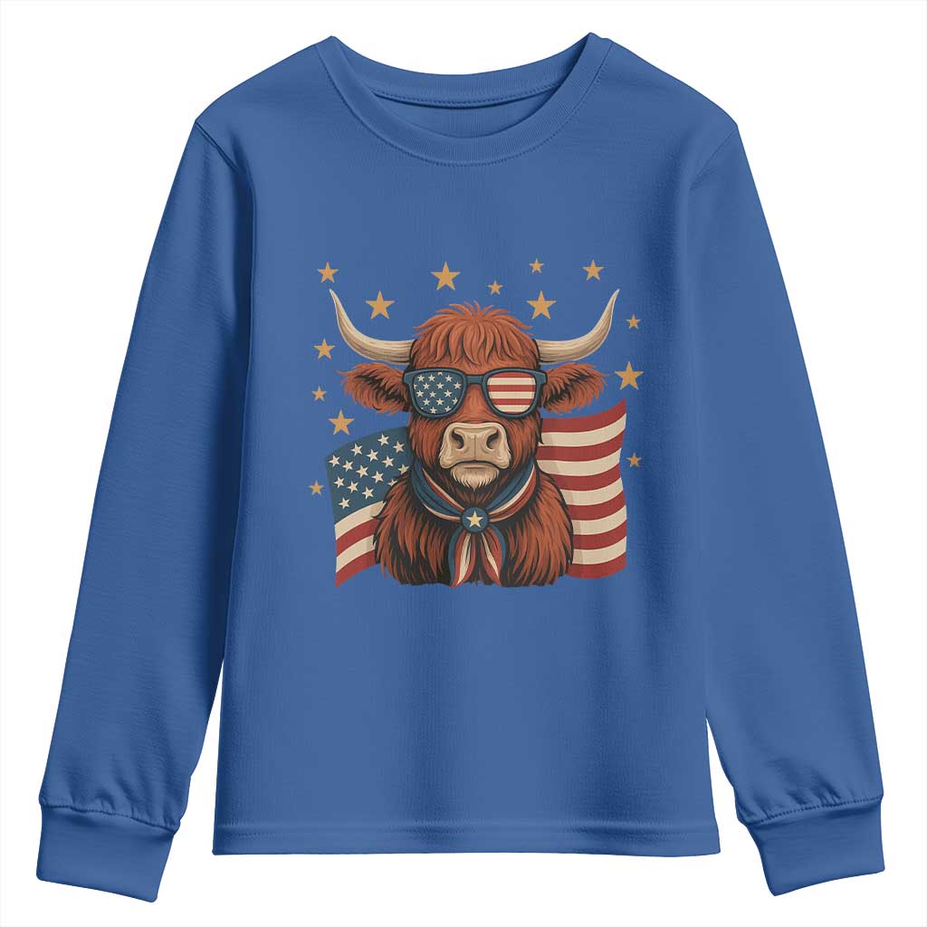 Funny Highland Cow Youth Sweatshirt USA Flag Patriotic Cow Farmer TS12 Royal Blue Print Your Wear