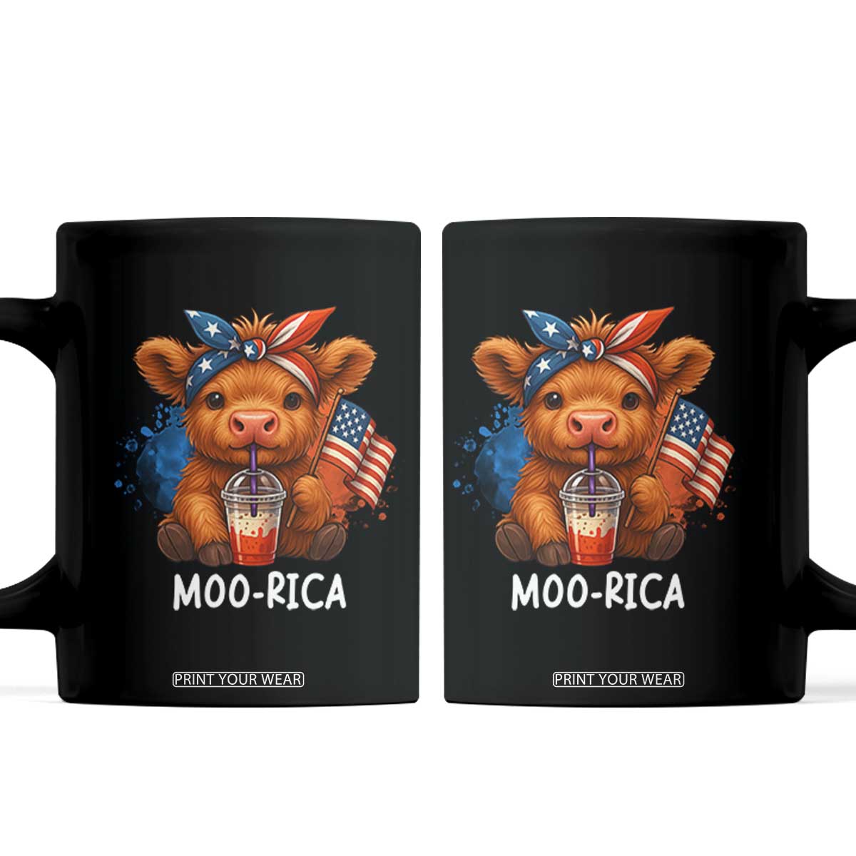 Funny Highland Cow Patriotic Coffee Mug Moo Rica USA Flag Cow Farmer TS12 Black Print Your Wear