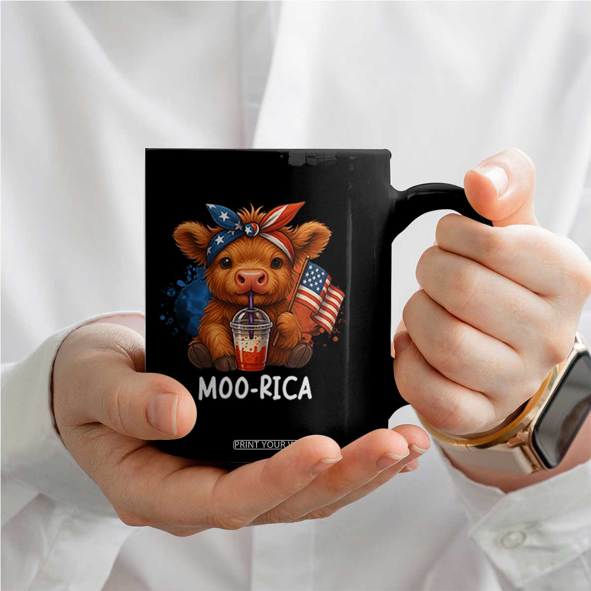 Funny Highland Cow Patriotic Coffee Mug Moo Rica USA Flag Cow Farmer TS12 Print Your Wear