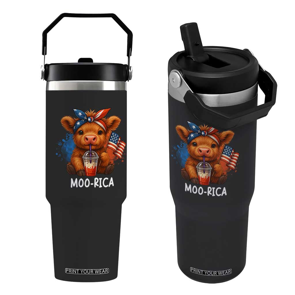 Funny Highland Cow Patriotic Flip Straw Tumbler Moo Rica USA Flag Cow Farmer TS12 One Size: 30 oz Black Print Your Wear