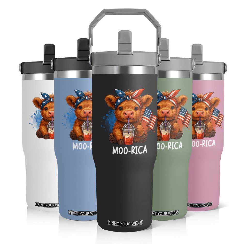 Funny Highland Cow Patriotic Flip Straw Tumbler Moo Rica USA Flag Cow Farmer TS12 Print Your Wear