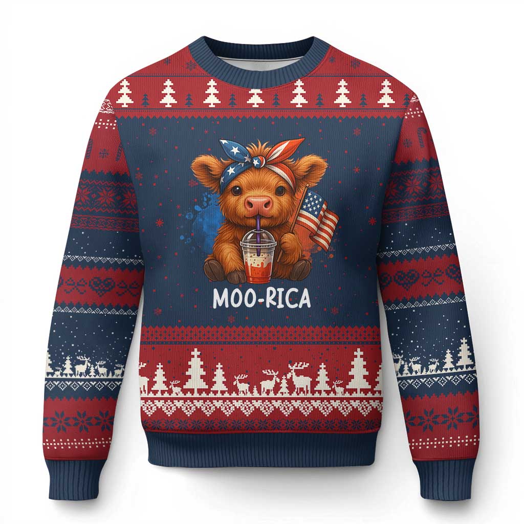 Funny Highland Cow Patriotic Ugly Christmas Sweater Moo Rica USA Flag Cow Farmer TS12 Navy Red Print Your Wear