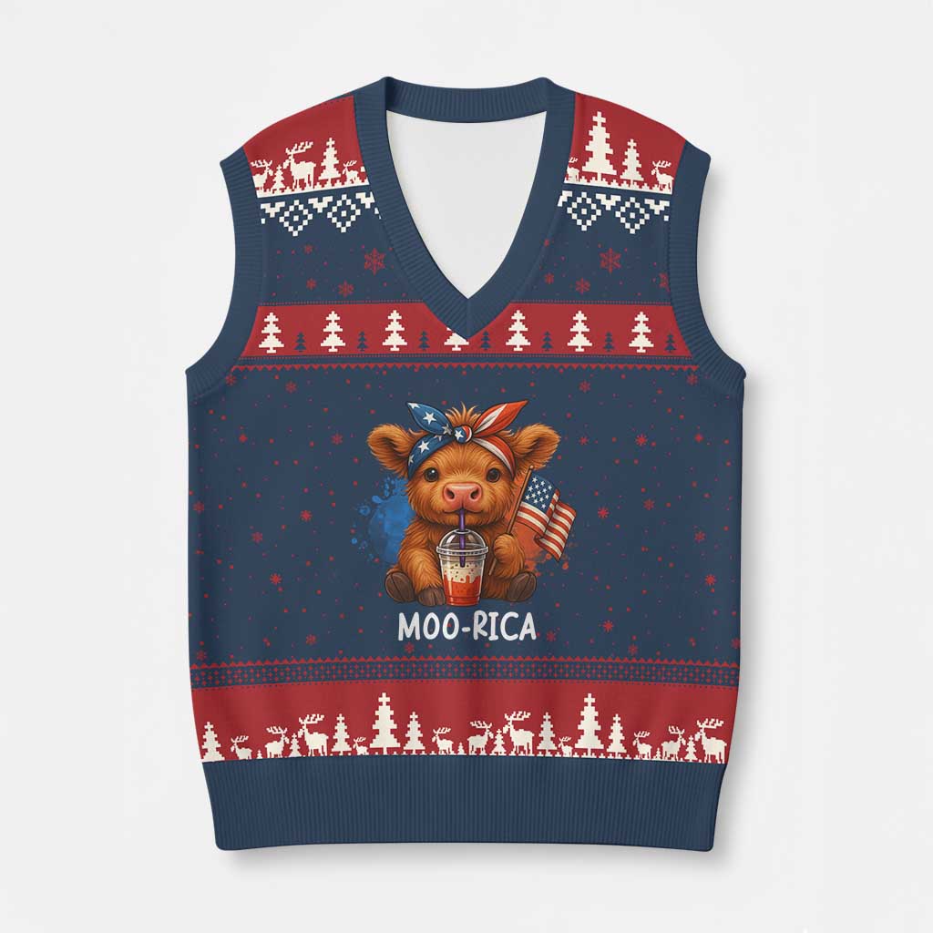 Funny Highland Cow Patriotic V-Neck Knit Sweater Vest Moo Rica USA Flag Cow Farmer TS12 Navy Red Print Your Wear