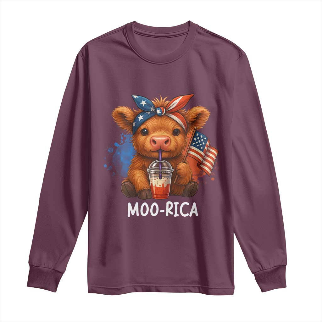 Funny Highland Cow Patriotic Long Sleeve Shirt Moo Rica USA Flag Cow Farmer TS12 Maroon Print Your Wear