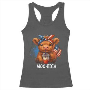 Funny Highland Cow Patriotic Racerback Tank Top Moo Rica USA Flag Cow Farmer TS12 Dark Heather Print Your Wear