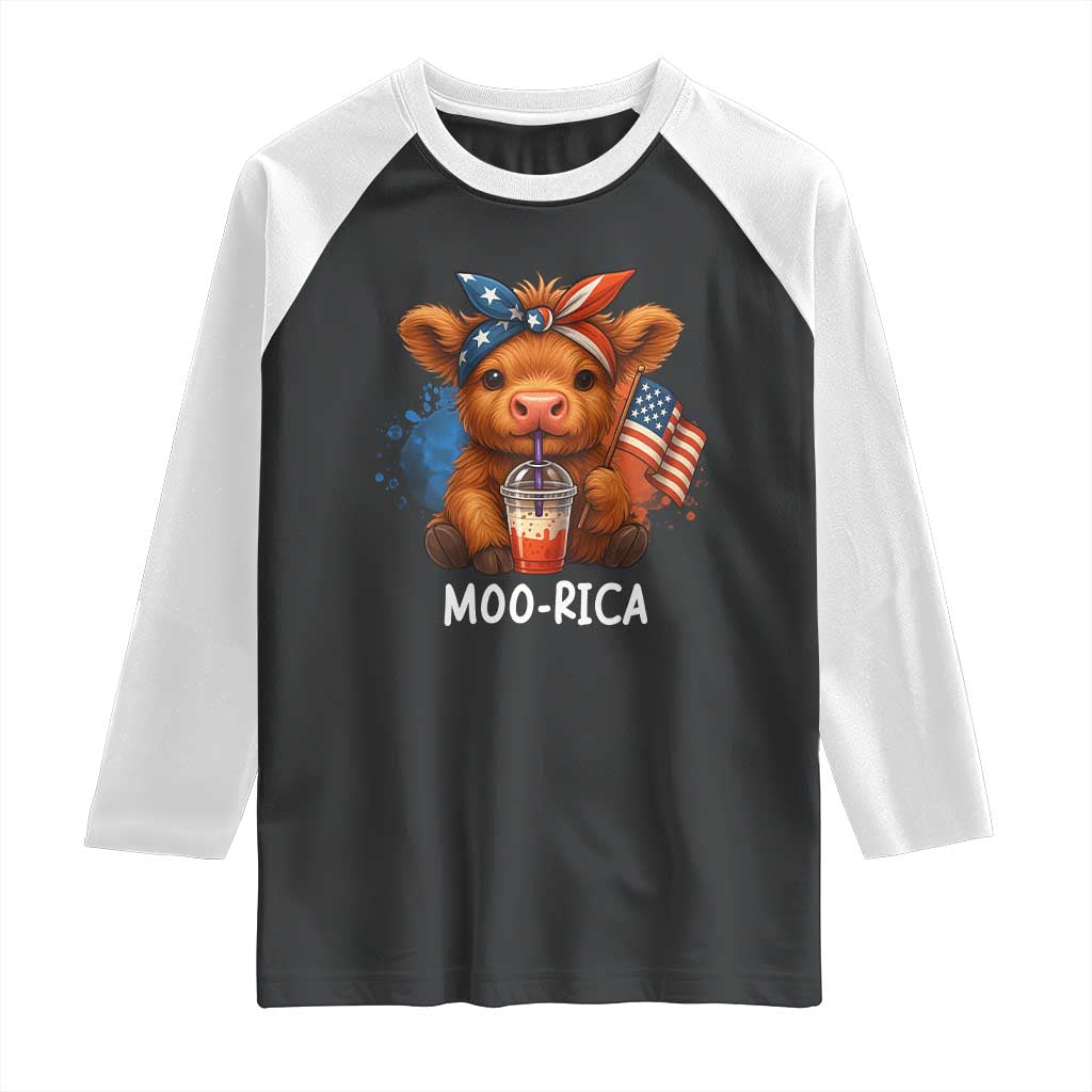 Funny Highland Cow Patriotic Raglan Shirt Moo Rica USA Flag Cow Farmer TS12 Black White Print Your Wear