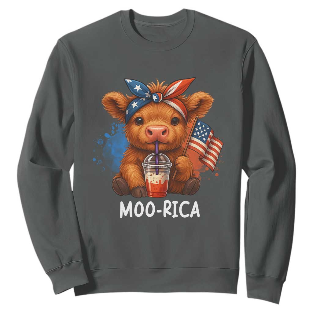 Funny Highland Cow Patriotic Sweatshirt Moo Rica USA Flag Cow Farmer TS12 Dark Heather Print Your Wear