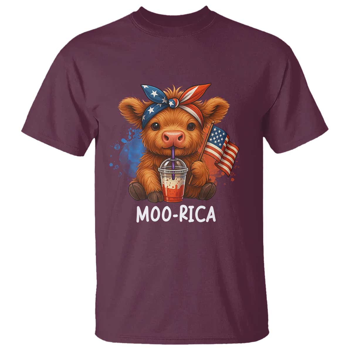 Funny Highland Cow Patriotic T Shirt Moo Rica USA Flag Cow Farmer TS12 Maroon Print Your Wear