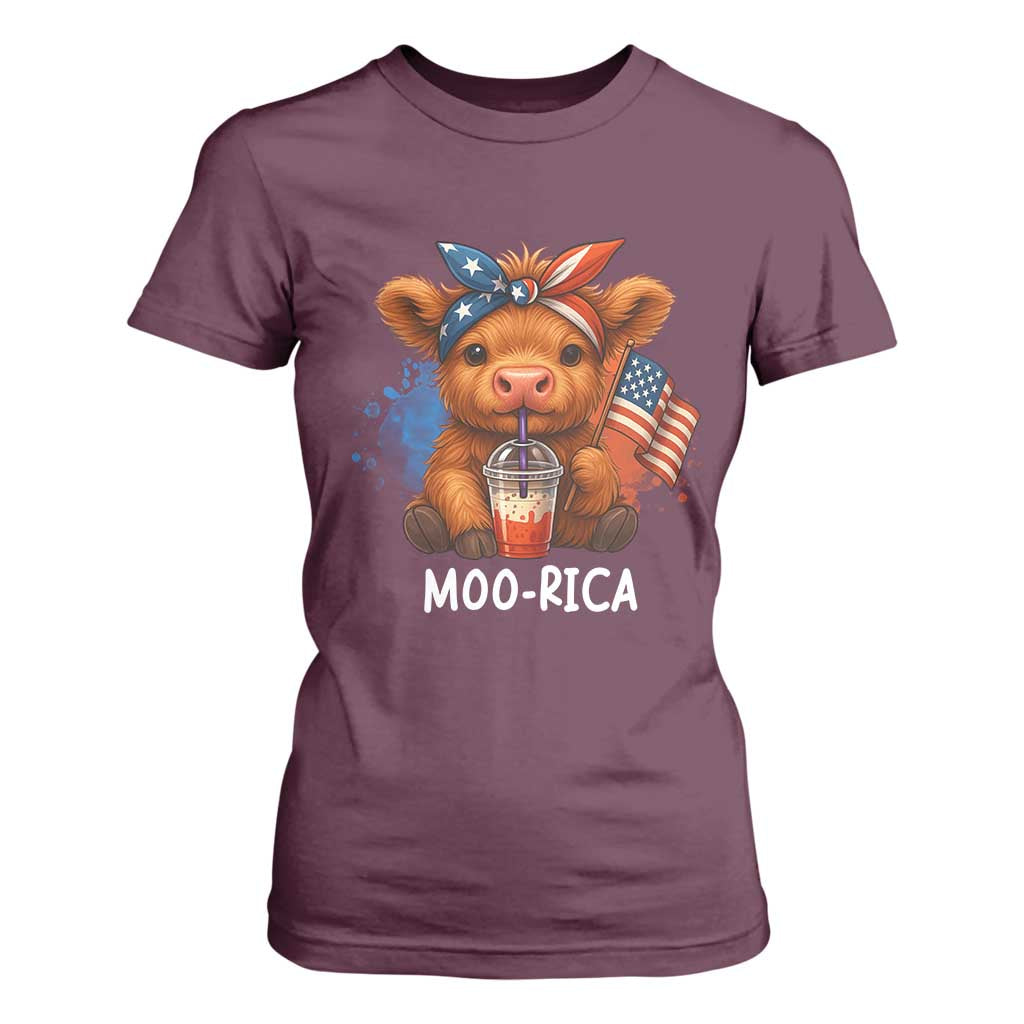Funny Highland Cow Patriotic T Shirt For Women Moo Rica USA Flag Cow Farmer TS12 Maroon Print Your Wear