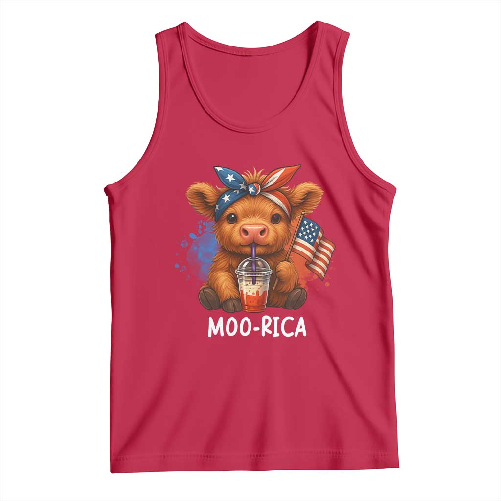 Funny Highland Cow Patriotic Tank Top Moo Rica USA Flag Cow Farmer TS12 Red Print Your Wear