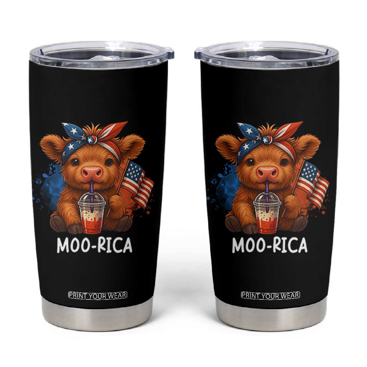 Funny Highland Cow Patriotic Tumbler Cup Moo Rica USA Flag Cow Farmer TS12 Black Print Your Wear