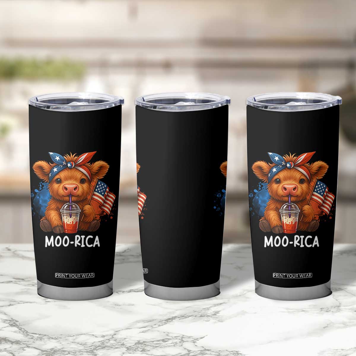 Funny Highland Cow Patriotic Tumbler Cup Moo Rica USA Flag Cow Farmer TS12 Print Your Wear