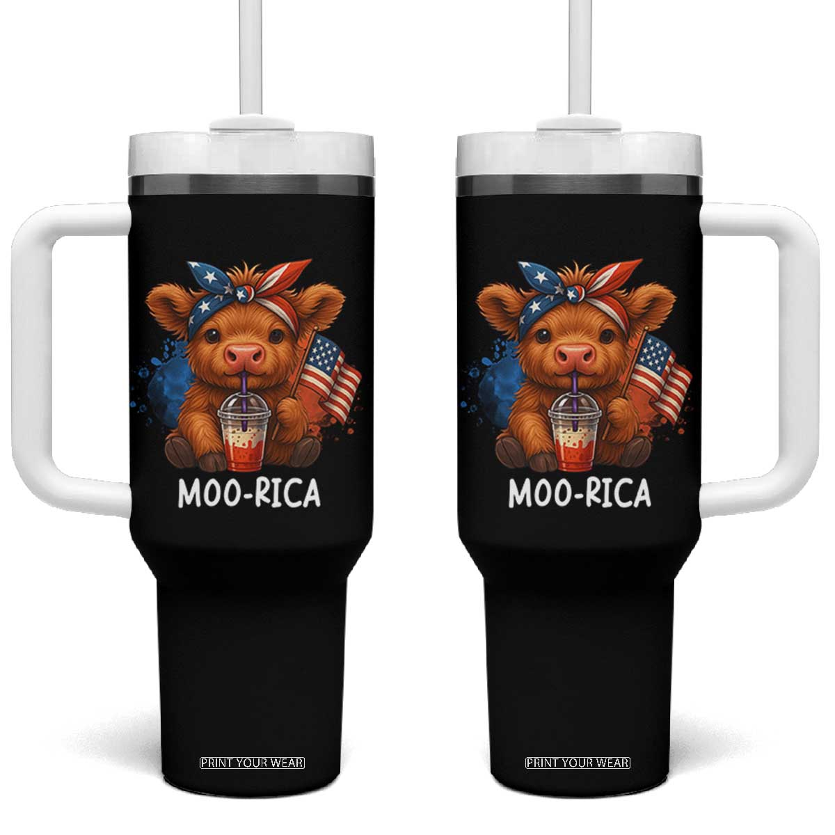 Funny Highland Cow Patriotic Tumbler With Handle Moo Rica USA Flag Cow Farmer TS12 One Size: 40 oz Black Print Your Wear