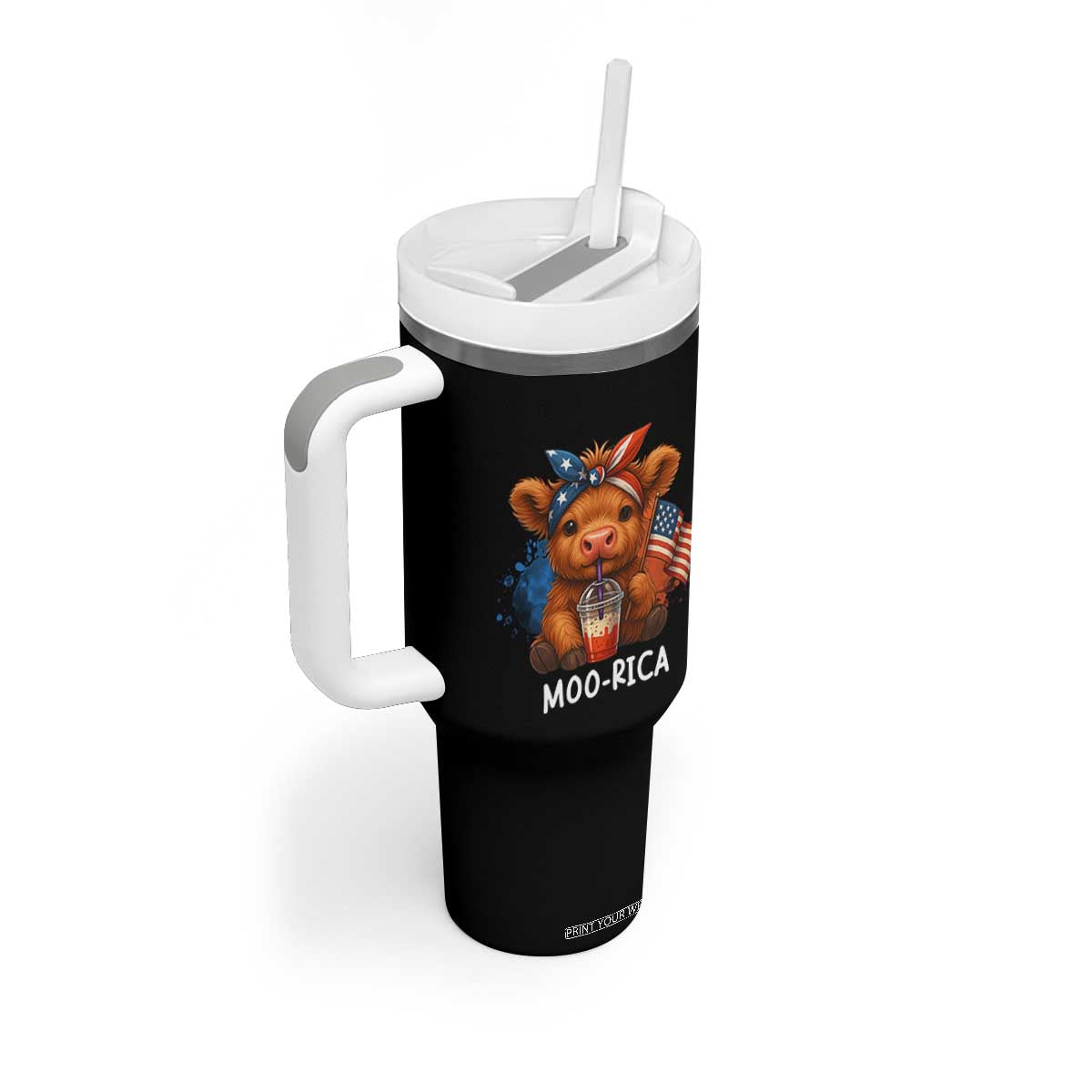 Funny Highland Cow Patriotic Tumbler With Handle Moo Rica USA Flag Cow Farmer TS12 Print Your Wear