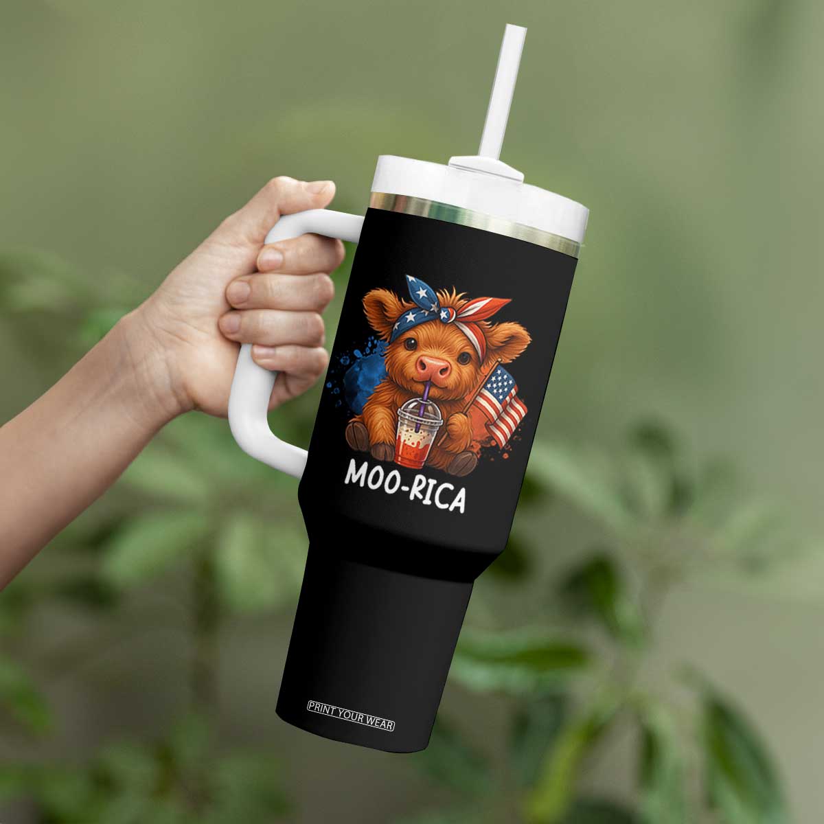 Funny Highland Cow Patriotic Tumbler With Handle Moo Rica USA Flag Cow Farmer TS12 Print Your Wear