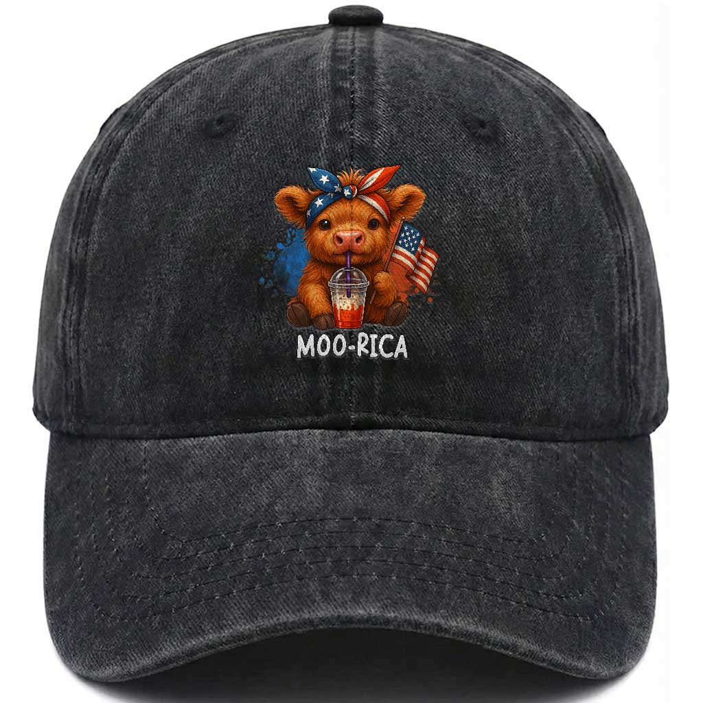 Funny Highland Cow Patriotic Washed Cotton Baseball Cap Moo Rica USA Flag Cow Farmer TS12 Washed Cap Universal Fit Black Print Your Wear