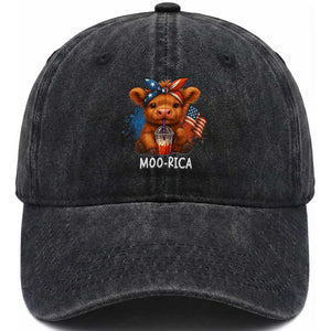 Funny Highland Cow Patriotic Washed Cotton Baseball Cap Moo Rica USA Flag Cow Farmer TS12 Washed Cap Universal Fit Black Print Your Wear