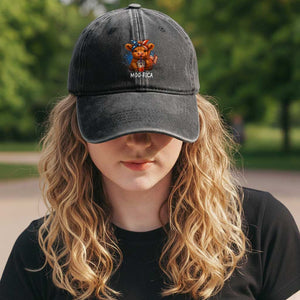 Funny Highland Cow Patriotic Washed Cotton Baseball Cap Moo Rica USA Flag Cow Farmer TS12 Print Your Wear