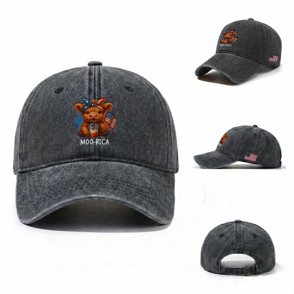 Funny Highland Cow Patriotic Washed Cotton Baseball Cap Moo Rica USA Flag Cow Farmer TS12 Washed Cap Universal Fit Dark Gray Print Your Wear