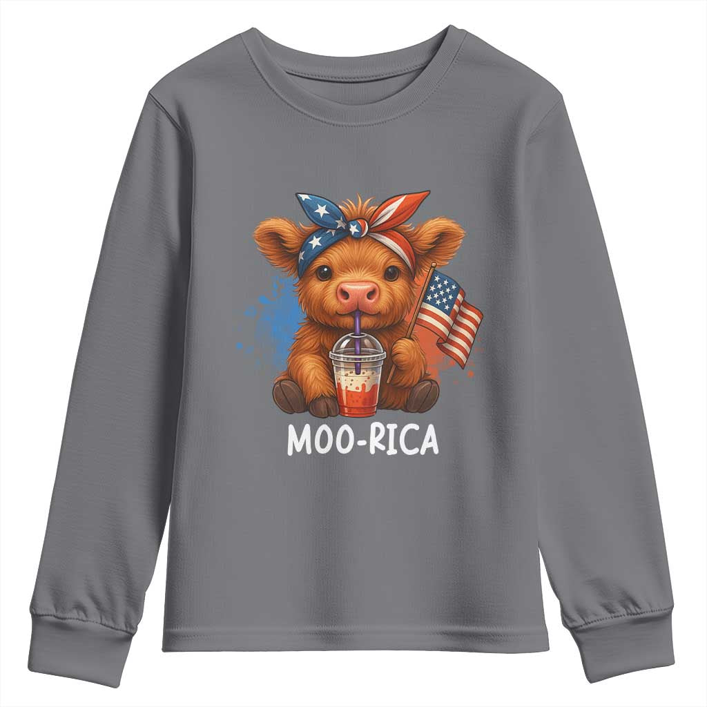 Funny Highland Cow Patriotic Youth Sweatshirt Moo Rica USA Flag Cow Farmer TS12 Charcoal Print Your Wear