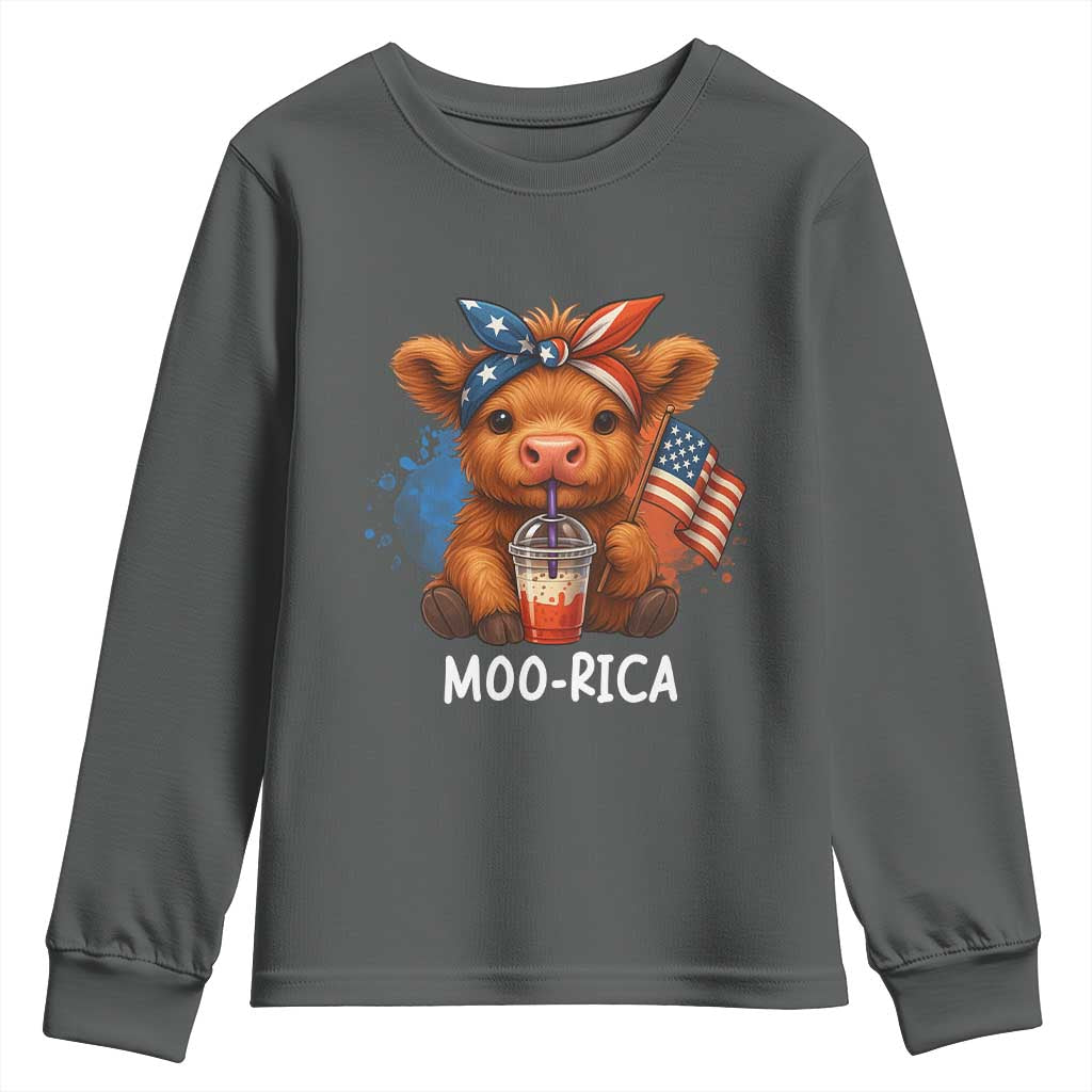 Funny Highland Cow Patriotic Youth Sweatshirt Moo Rica USA Flag Cow Farmer TS12 Dark Heather Print Your Wear