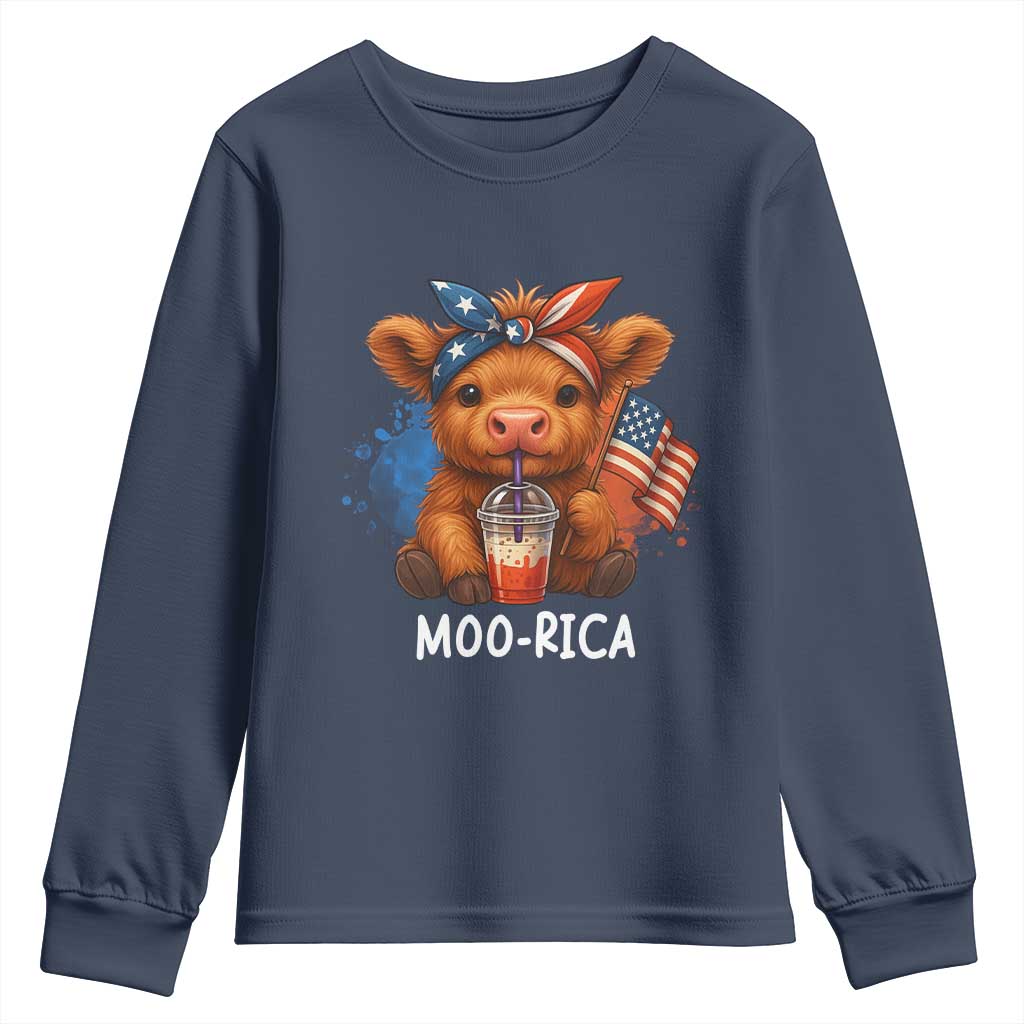 Funny Highland Cow Patriotic Youth Sweatshirt Moo Rica USA Flag Cow Farmer TS12 Navy Print Your Wear
