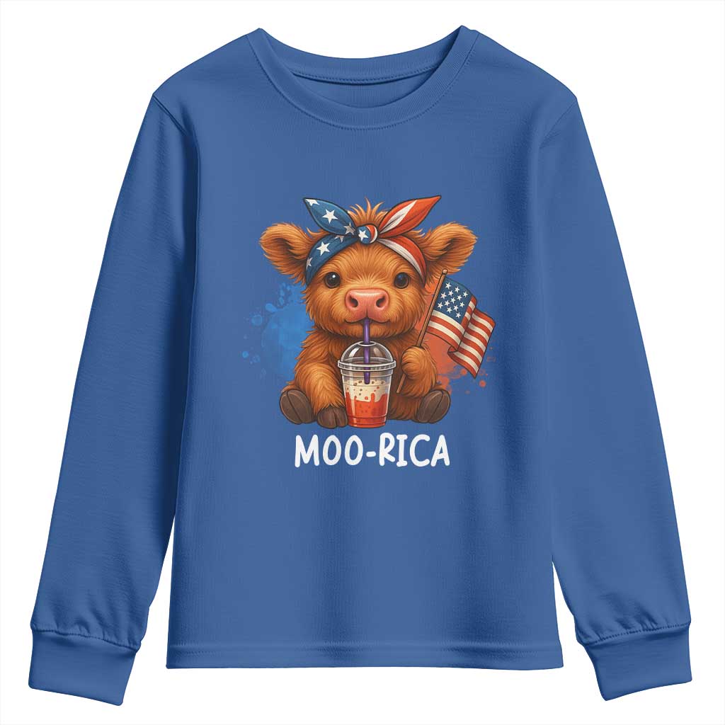 Funny Highland Cow Patriotic Youth Sweatshirt Moo Rica USA Flag Cow Farmer TS12 Royal Blue Print Your Wear