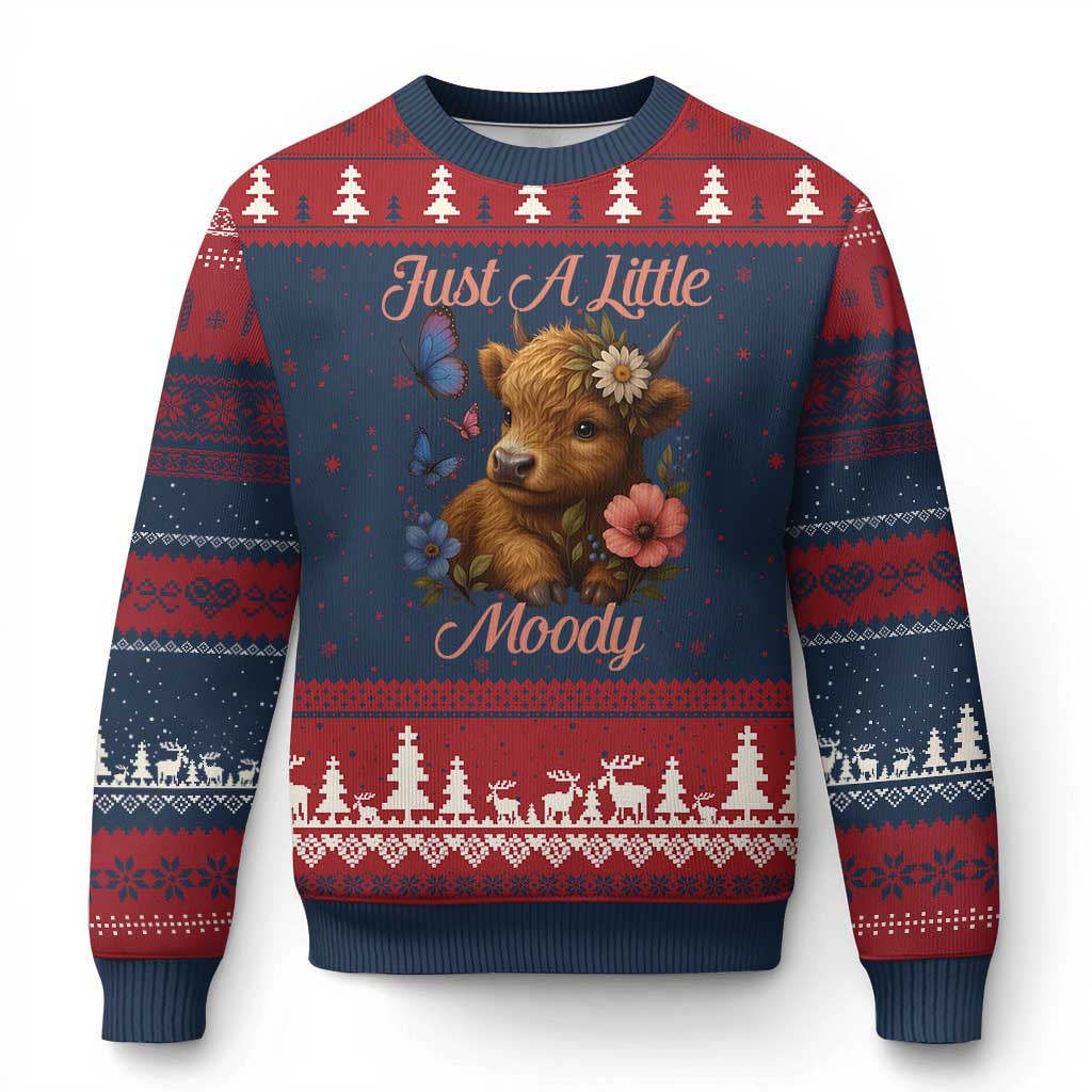 Just A Little Moody Ugly Christmas Sweater Funny Sarcasm Highland Cow TS12 Navy Red Print Your Wear