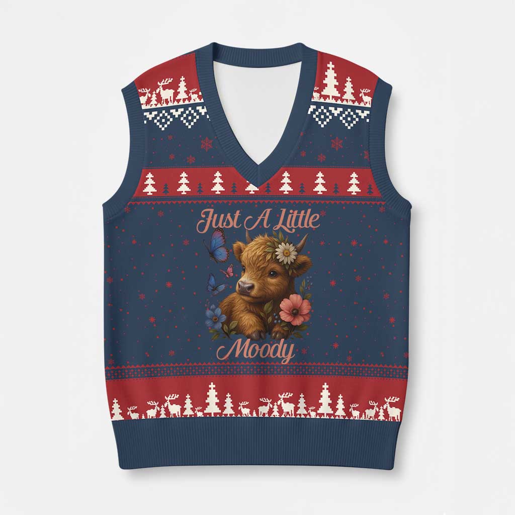 Just A Little Moody V-Neck Knit Sweater Vest Funny Sarcasm Highland Cow TS12 Navy Red Print Your Wear