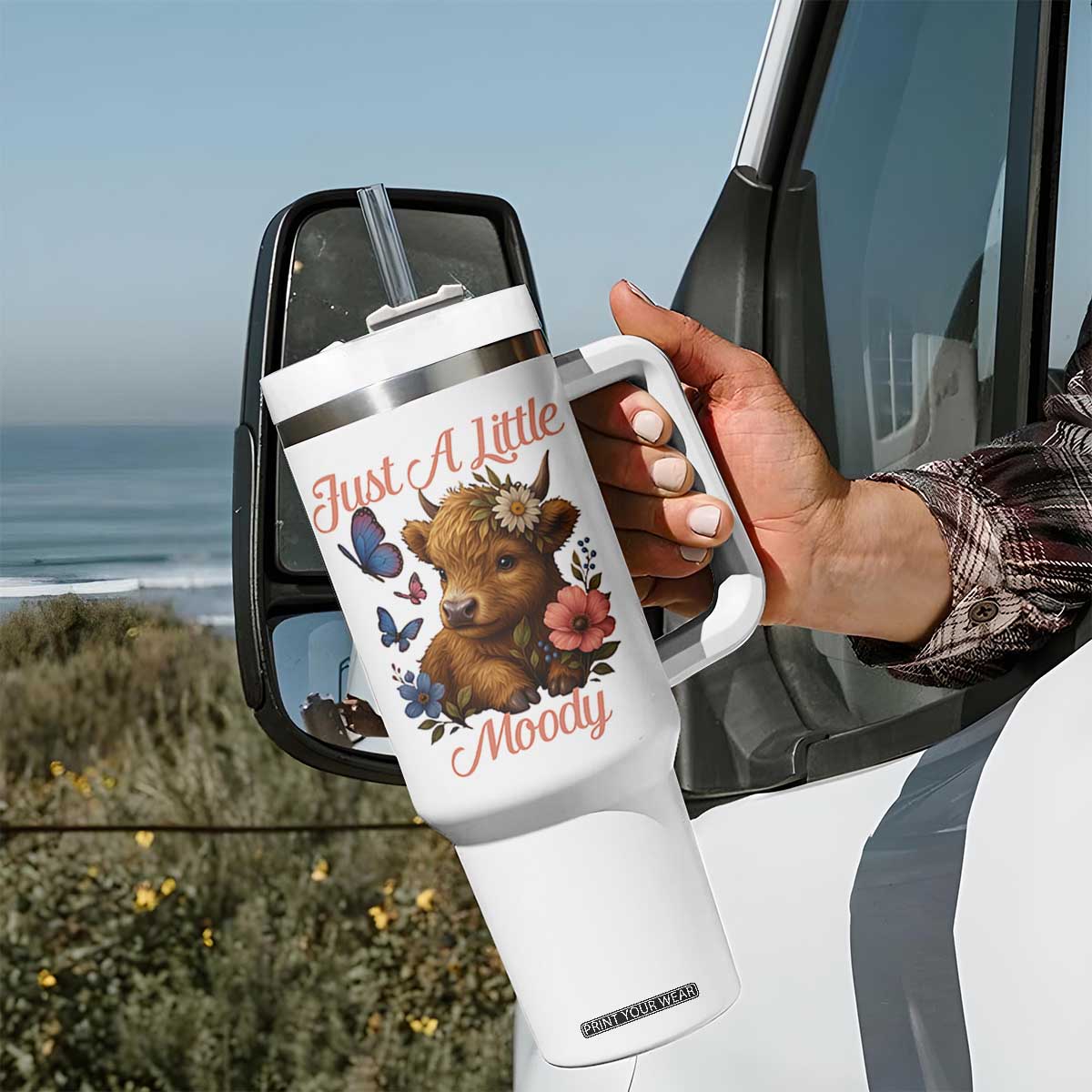 Just A Little Moody Tumbler With Handle Funny Sarcasm Highland Cow TS12 Print Your Wear