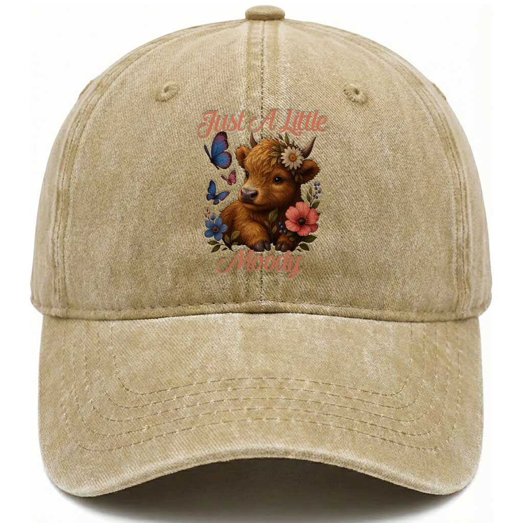 Just A Little Moody Washed Cotton Baseball Cap Funny Sarcasm Highland Cow TS12 Print Your Wear