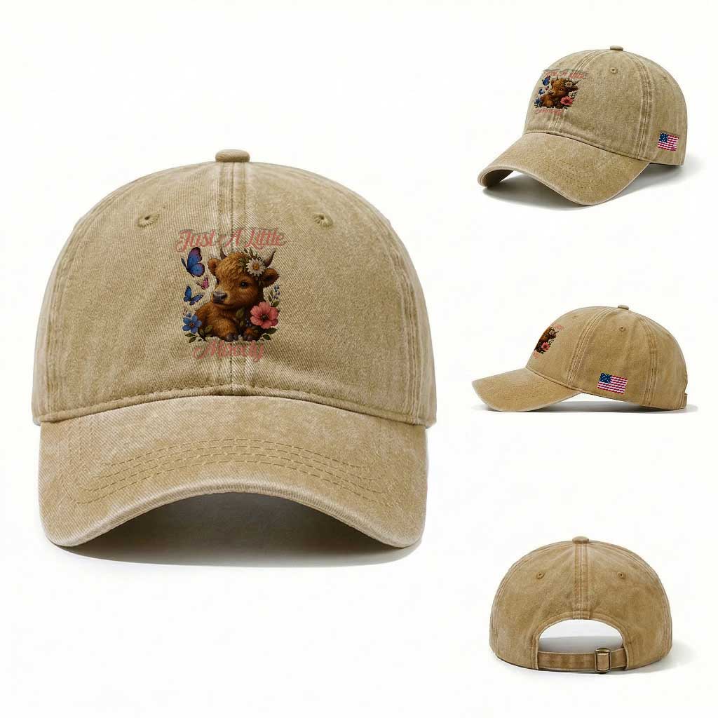 Just A Little Moody Washed Cotton Baseball Cap Funny Sarcasm Highland Cow TS12 Washed Cap Universal Fit Khaki Print Your Wear