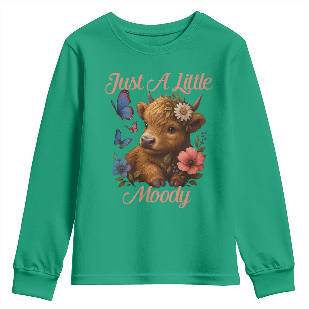 Just A Little Moody Youth Sweatshirt Funny Sarcasm Highland Cow TS12 Irish Green Print Your Wear
