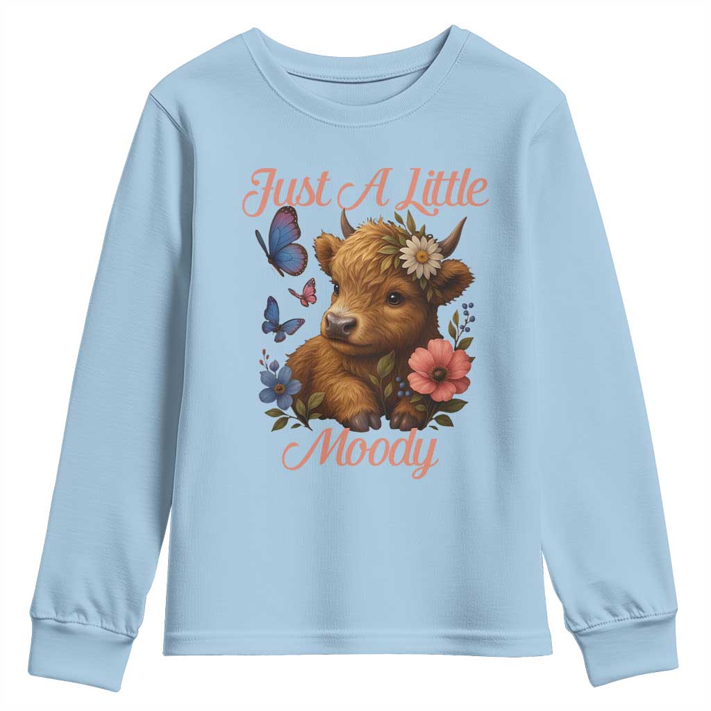 Just A Little Moody Youth Sweatshirt Funny Sarcasm Highland Cow TS12 Light Blue Print Your Wear