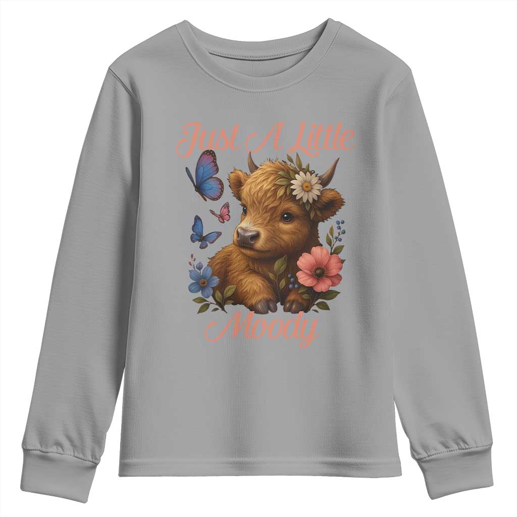 Just A Little Moody Youth Sweatshirt Funny Sarcasm Highland Cow TS12 Sport Gray Print Your Wear