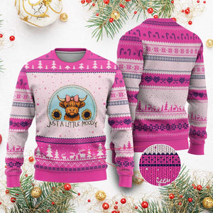 Just A Little Moody Ugly Christmas Sweater Funny Sarcasm Highland Cattle TS12 Hot Pink Print Your Wear