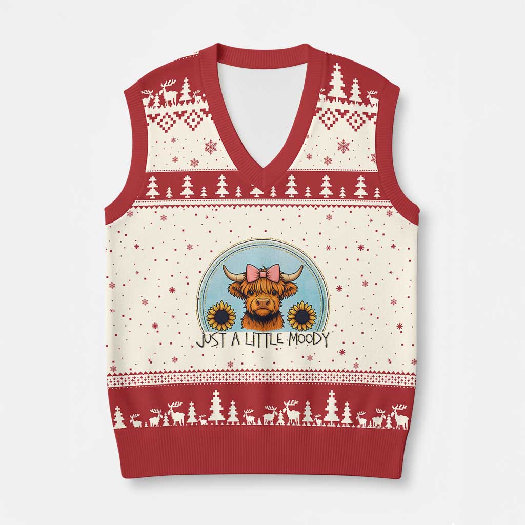 Just A Little Moody V-Neck Knit Sweater Vest Funny Sarcasm Highland Cattle TS12 Beige Red Print Your Wear