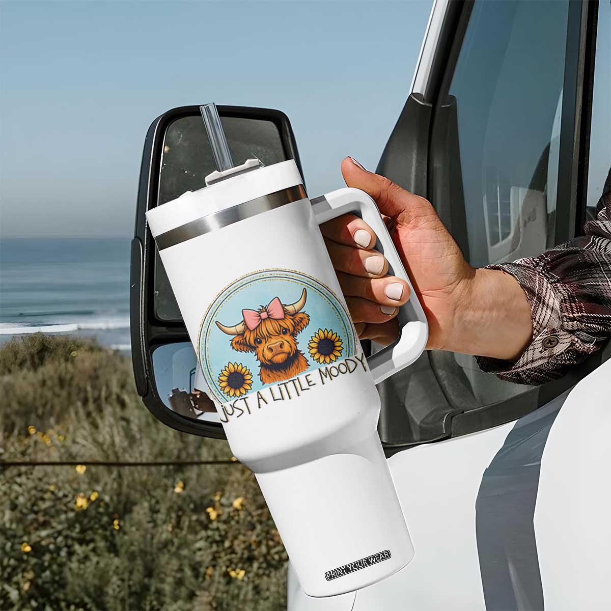 Just A Little Moody Tumbler With Handle Funny Sarcasm Highland Cattle TS12 Print Your Wear